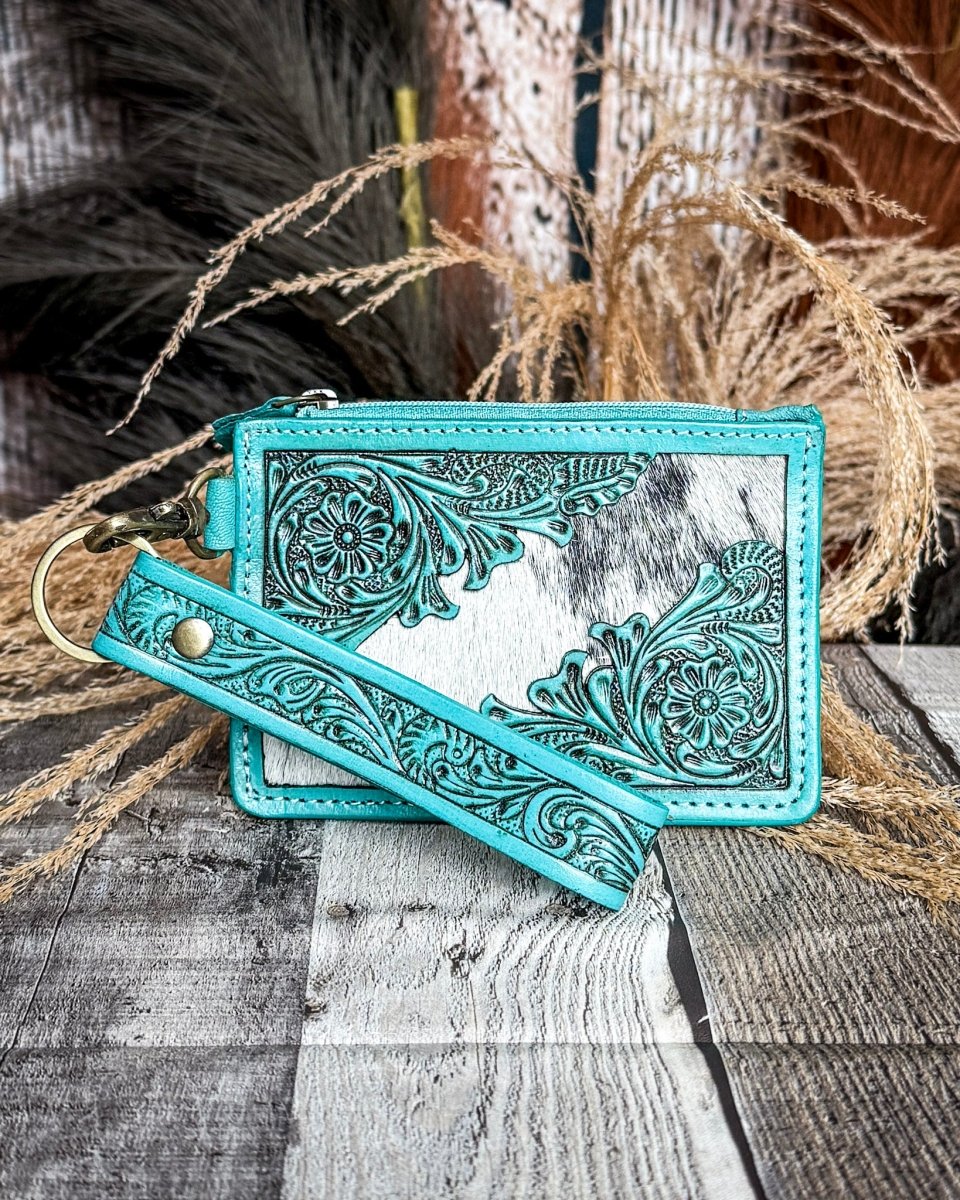 Sage River Hand Tooled Hairon Leather Card Holder in Frontier Aqua By Myra Bag - Image 4