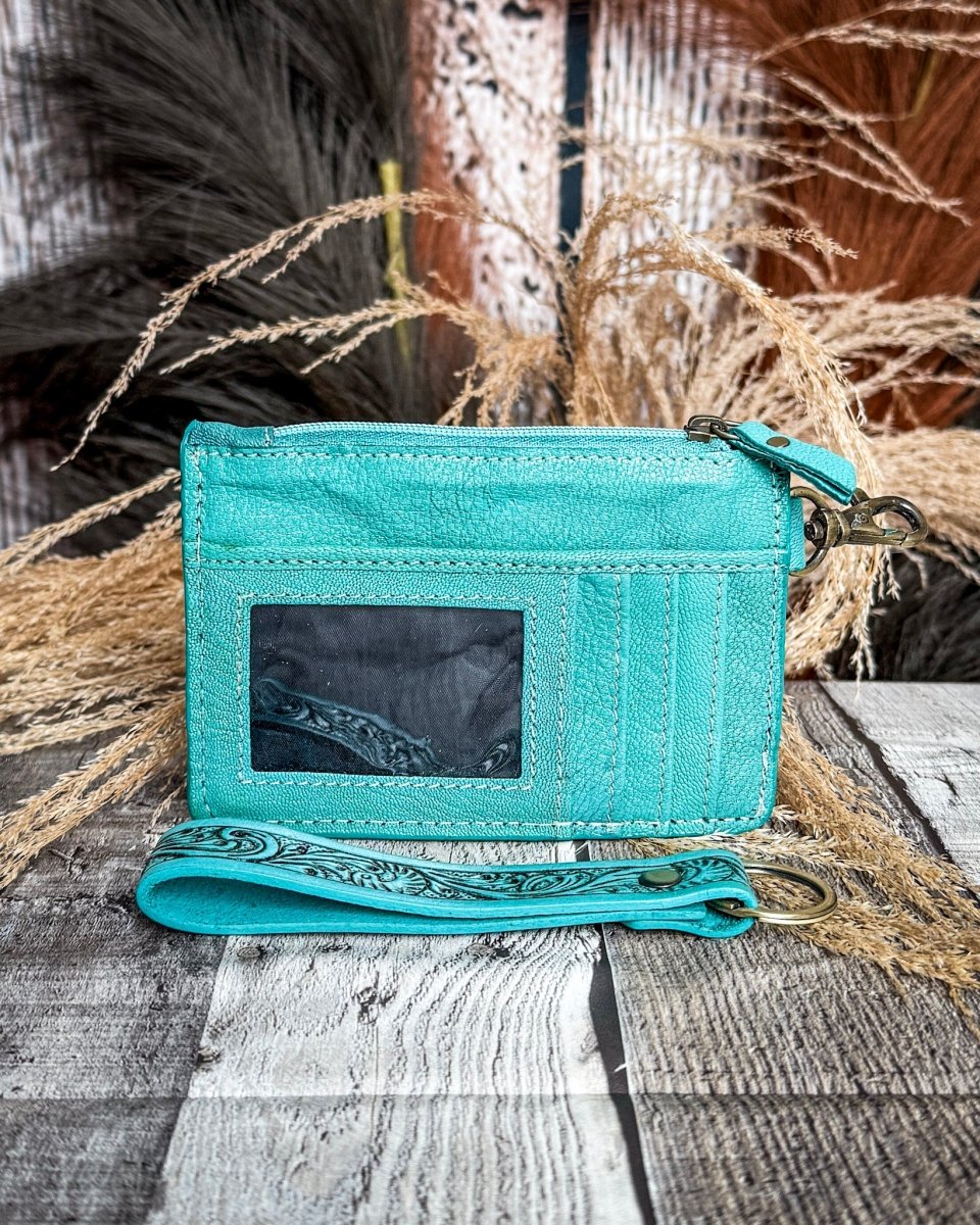 Sage River Hand Tooled Hairon Leather Card Holder in Frontier Aqua By Myra Bag - Image 5