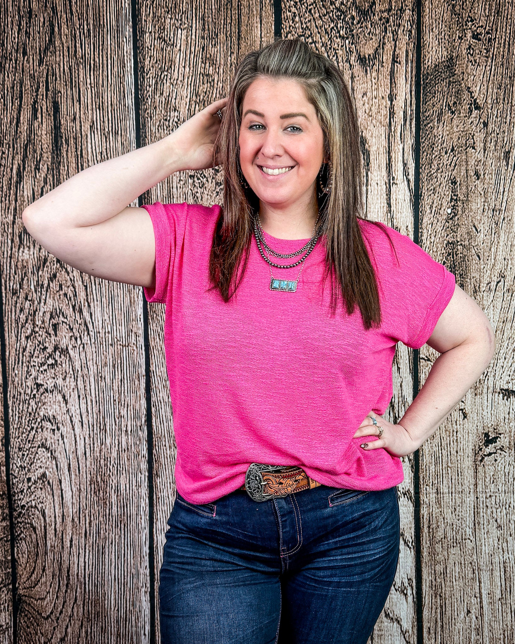 Sienna Drift Short Sleeved Hacci Tee in Fuchsia - Image 2