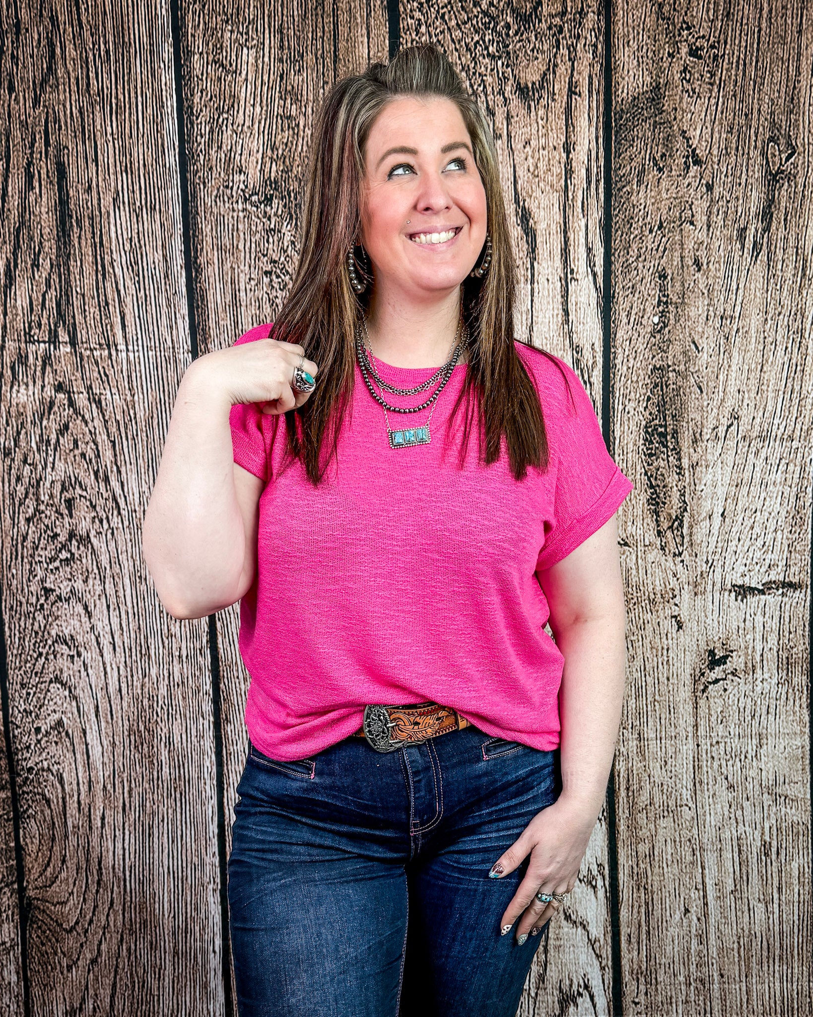 Sienna Drift Short Sleeved Hacci Tee in Fuchsia - Image 3