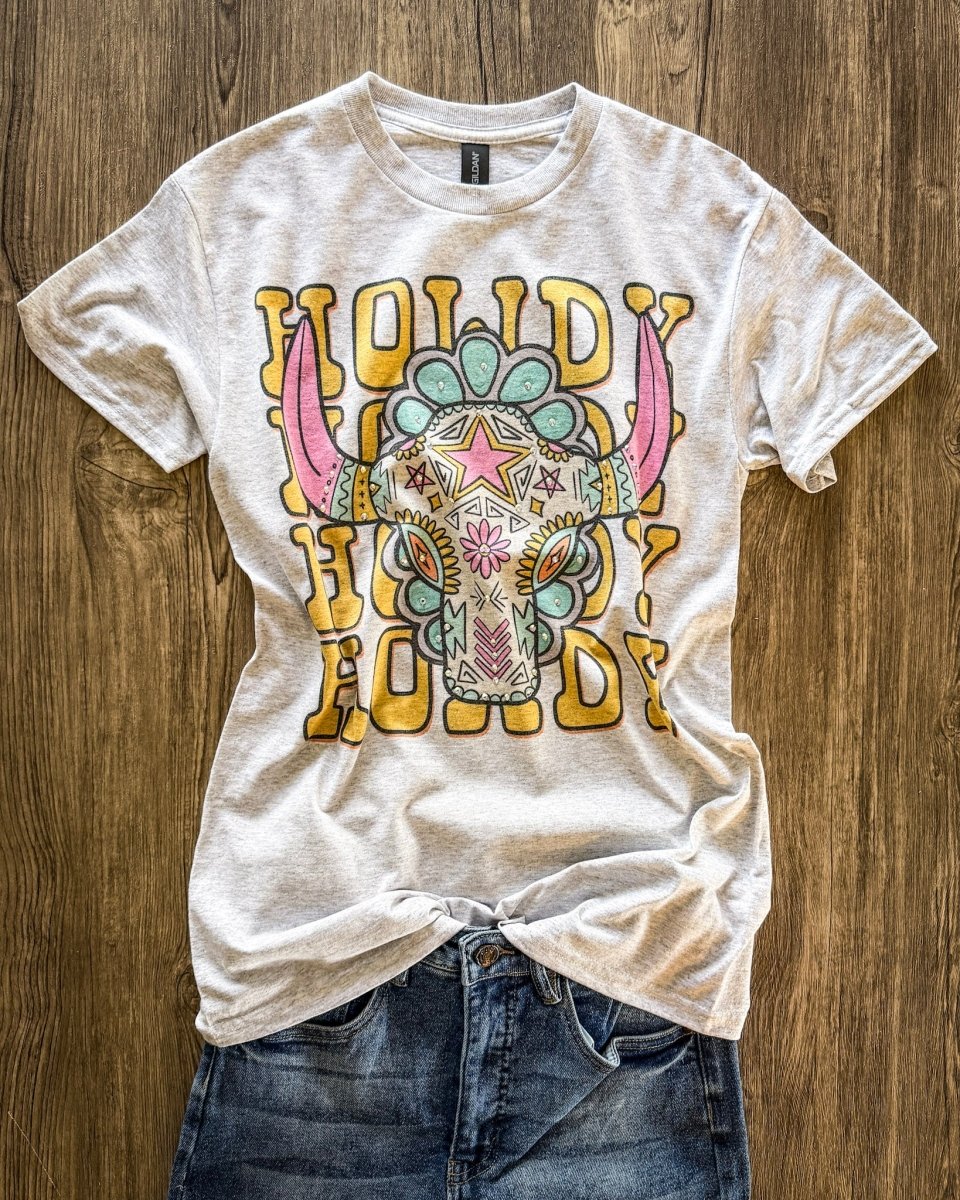 Sierra Bloom Rhinestone Howdy Tee in Gray - Image 3
