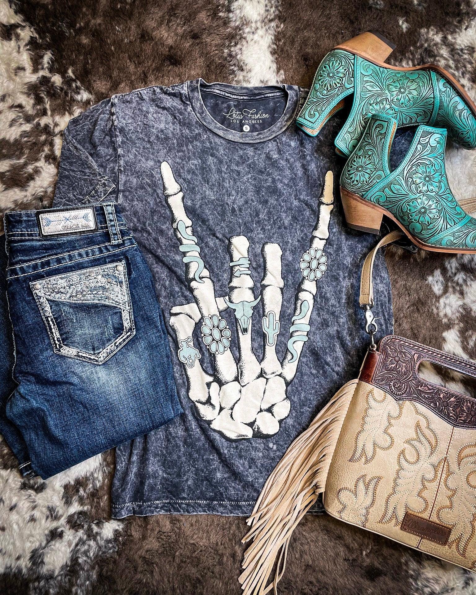 Skeleton Rock Hand Sign Graphic Tee - Black - Image 6