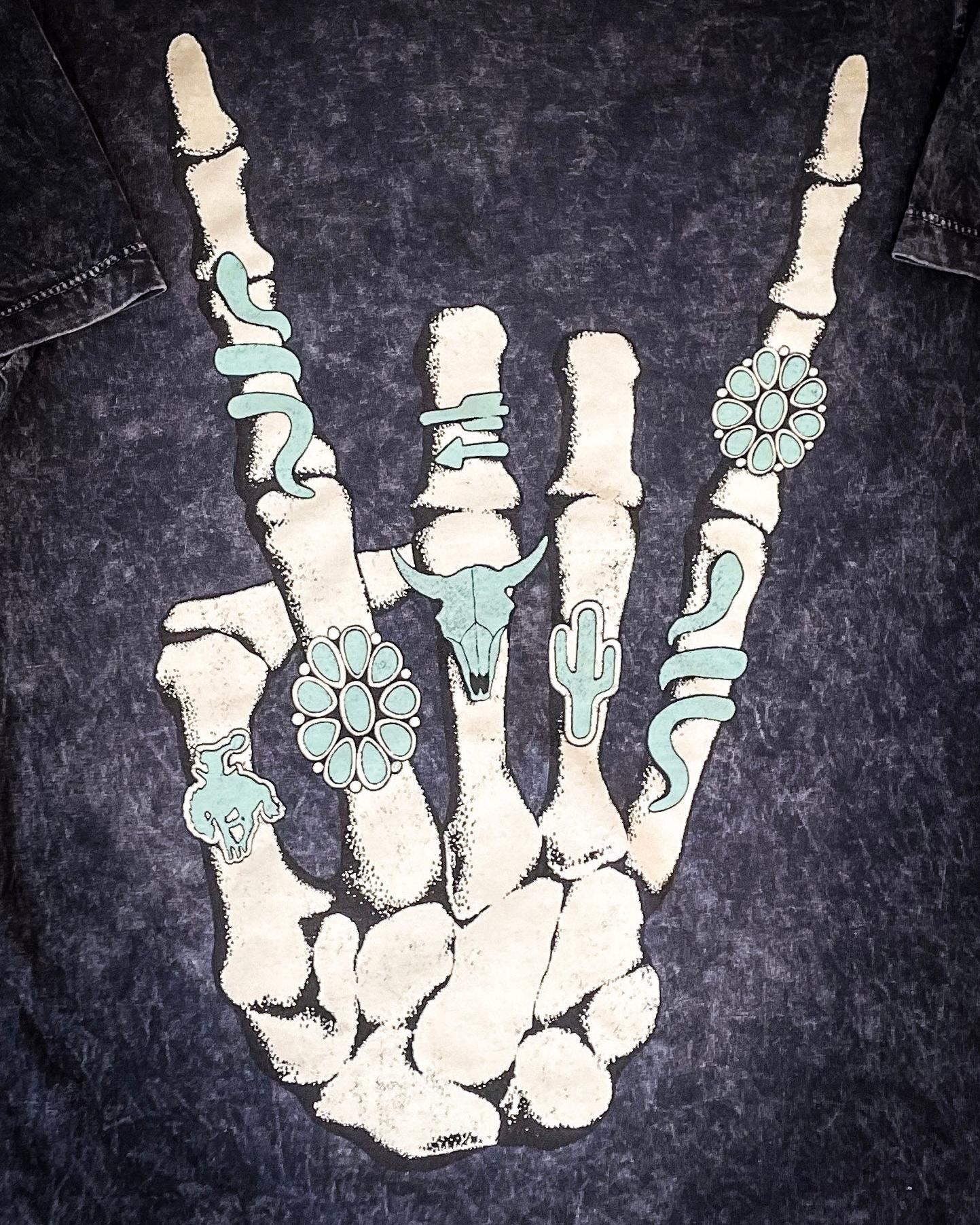 Skeleton Rock Hand Sign Graphic Tee - Black - Image 9