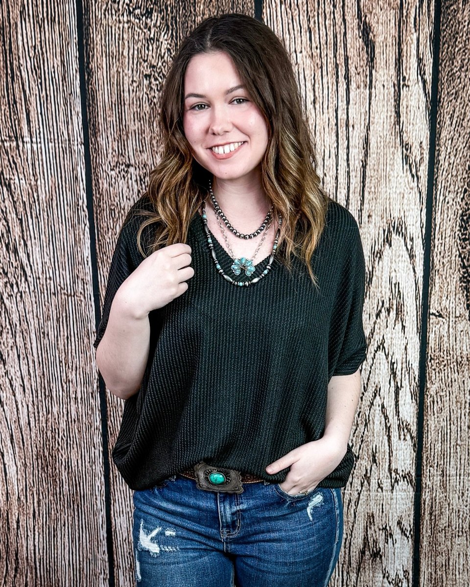 Sonora Flow Ribbed Batwing Top in Black