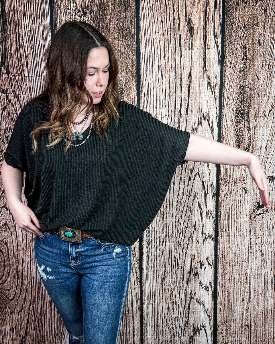Sonora Flow Ribbed Batwing Top in Black - Image 2