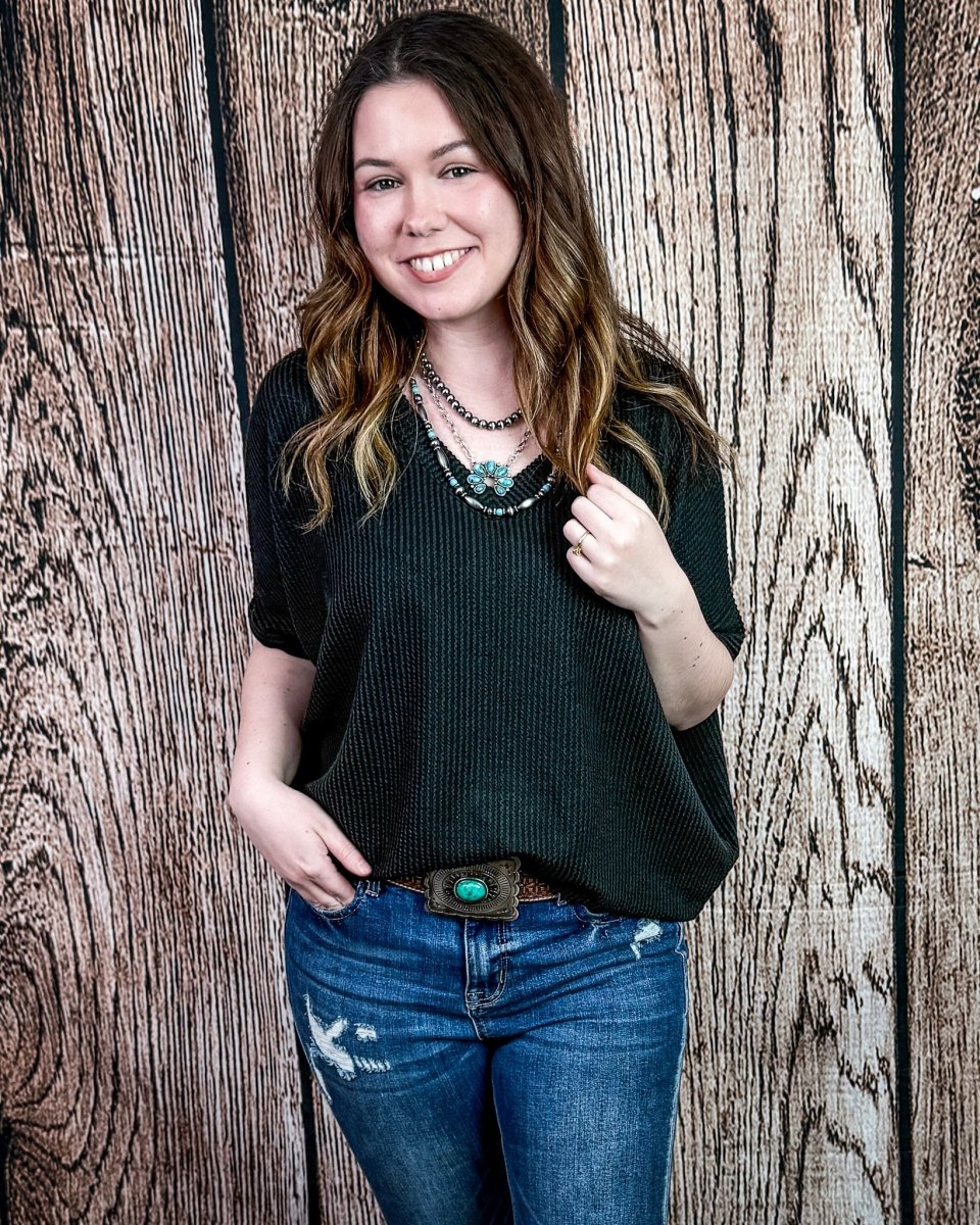 Sonora Flow Ribbed Batwing Top in Black - Image 4