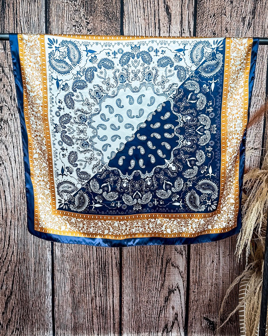 Thatcher Wild Rag – Navy & Copper Paisley Silk Blend Scarf - Image 3