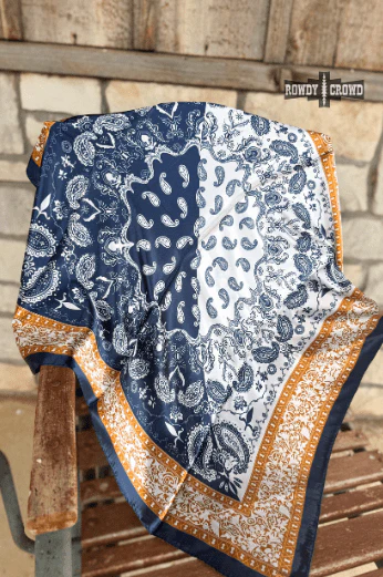 Thatcher Wild Rag – Navy & Copper Paisley Silk Blend Scarf - Image 4