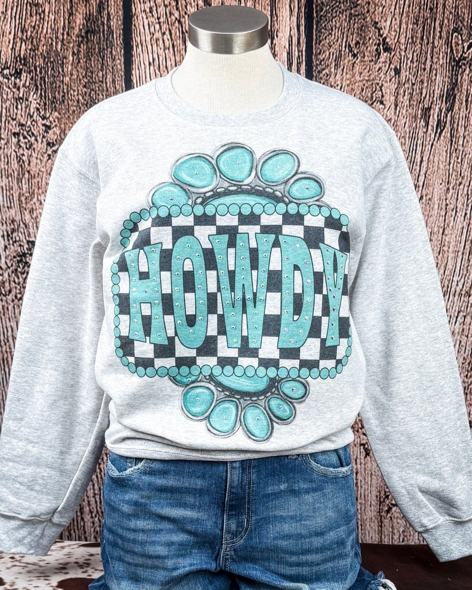 Turquoise Check Rhinestone Howdy Sweatshirt in Gray - Image 3