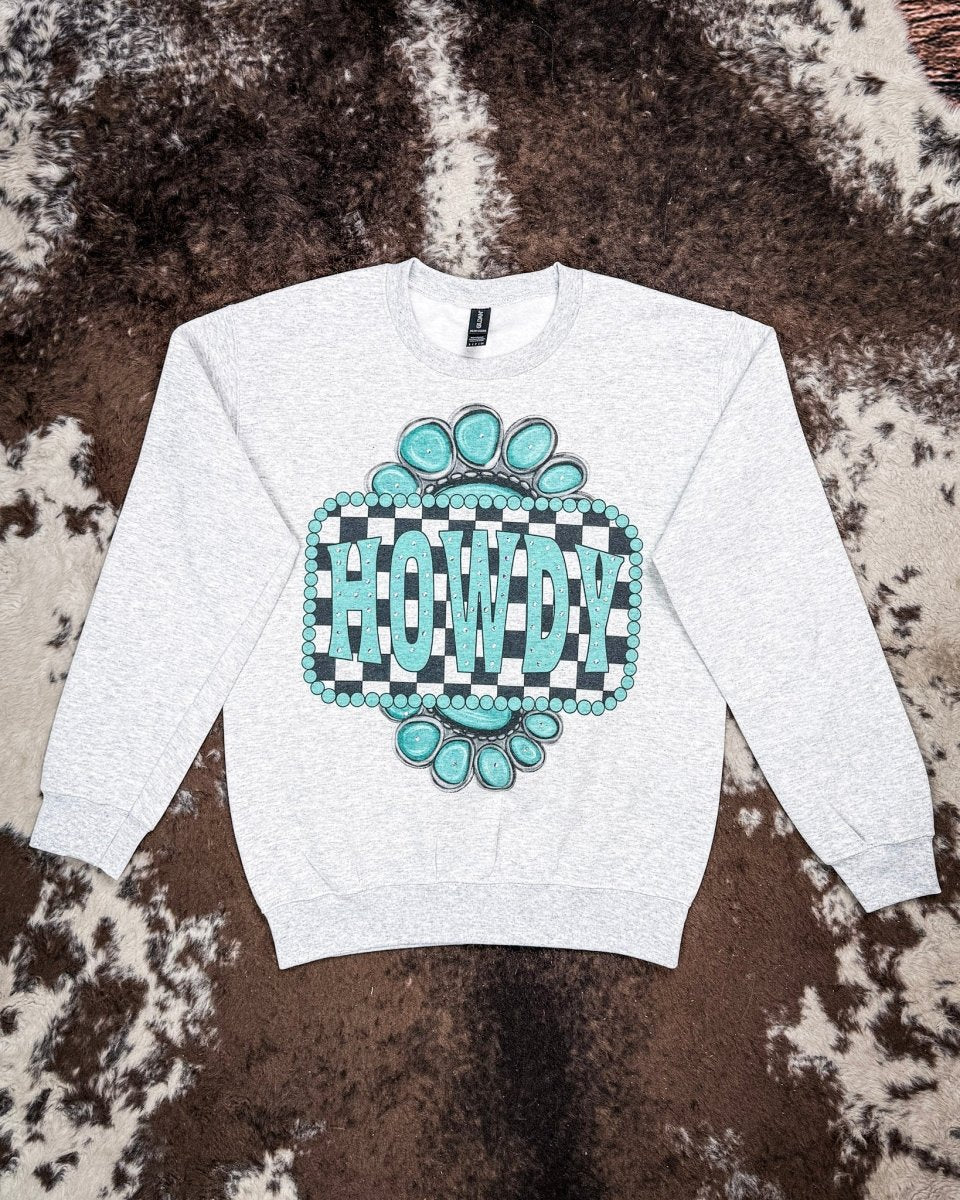 Turquoise Check Rhinestone Howdy Sweatshirt in Gray - Image 5