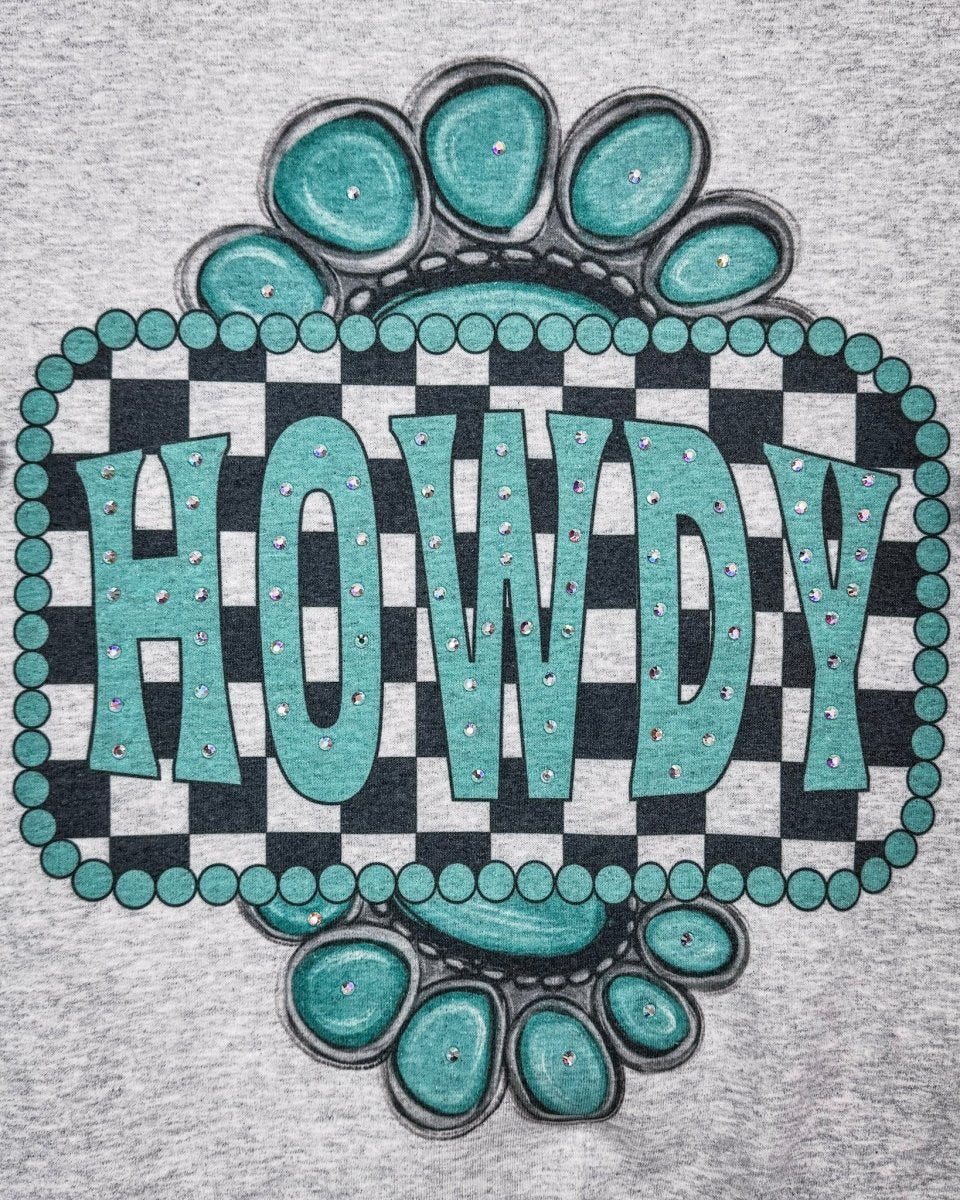 Turquoise Check Rhinestone Howdy Tee in Gray - Image 3