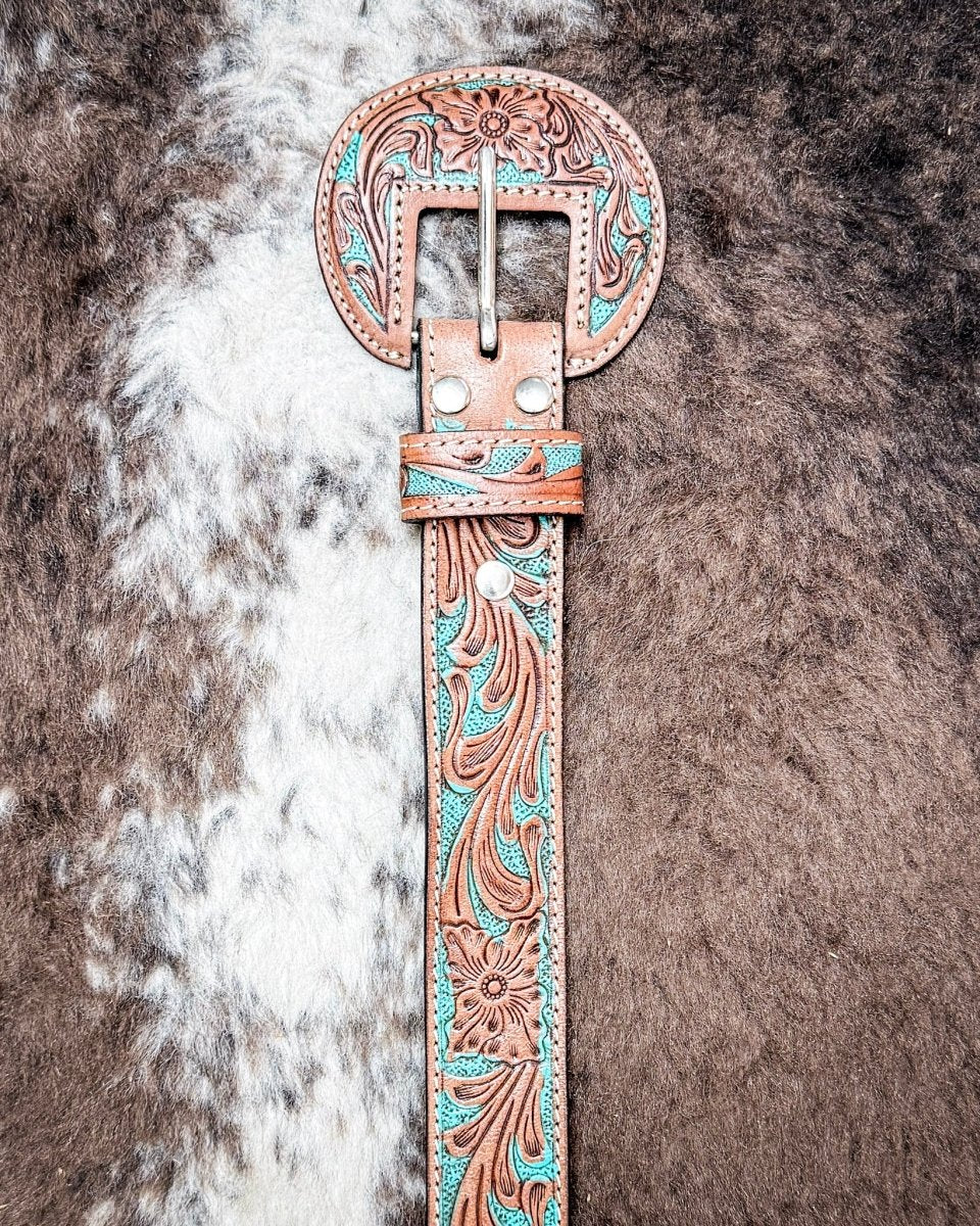 Western Wreath Leather Belt in Bronco Sky by Myra Bag - Image 3