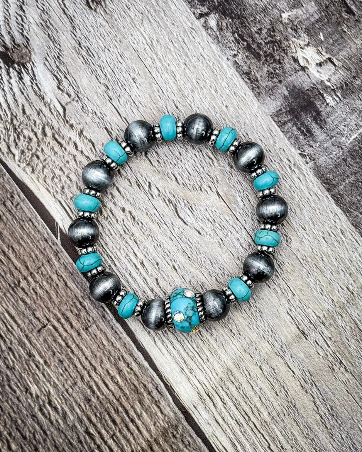 Wild Bloom Beaded Stretch Fashion Bracelet - Turquoise - Image 3